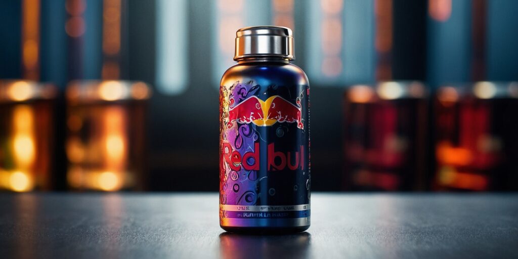 Une image d'un vapoteur utilisant un e-liquide Red Bull, avec des nuages de vapeur colorés.