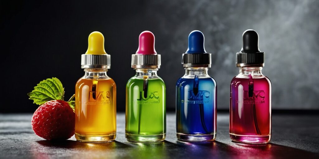 Une image de différents flacons d'e-liquides fruités aux couleurs vives et appétissantes.